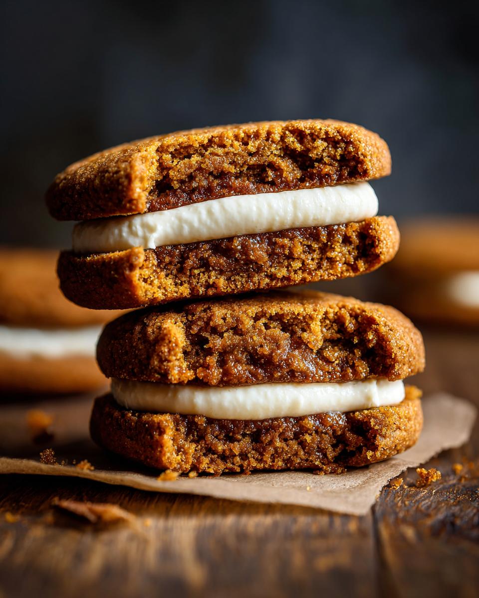 A close-up stack of two Incredible Gingerbread Oatmeal Cream Pies, showing the creamy filling between spiced cookies.