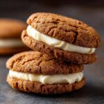 Two Incredible Gingerbread Oatmeal Cream Pies stacked on top of each other, showing the creamy filling.