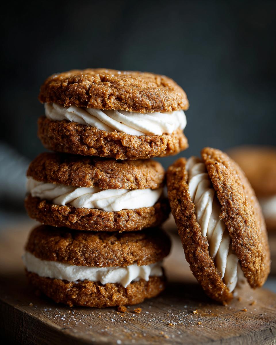 A stack of three Incredible Gingerbread Oatmeal Cream Pies with a fourth one split open, revealing creamy filling.