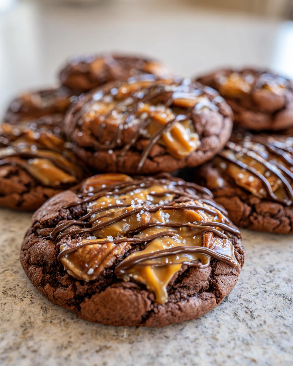 Close-up of Insanely Delicious Turtle Cookies topped with gooey caramel, chocolate drizzle, and sea salt flakes.