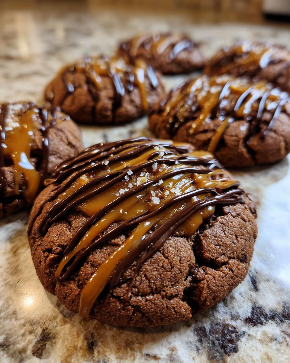 Close-up of Insanely Delicious Turtle Cookies topped with chocolate drizzle and caramel.