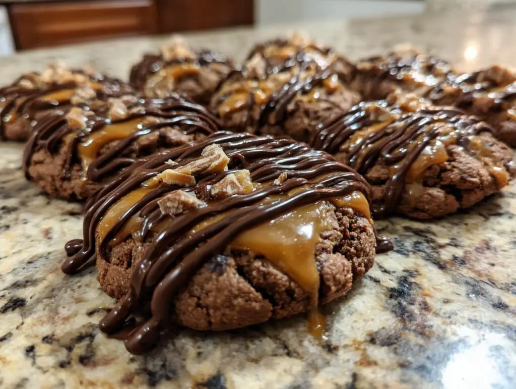 Close-up of Insanely Delicious Turtle Cookies, featuring chocolate cookies drizzled with caramel and chocolate sauce, topped with nuts.