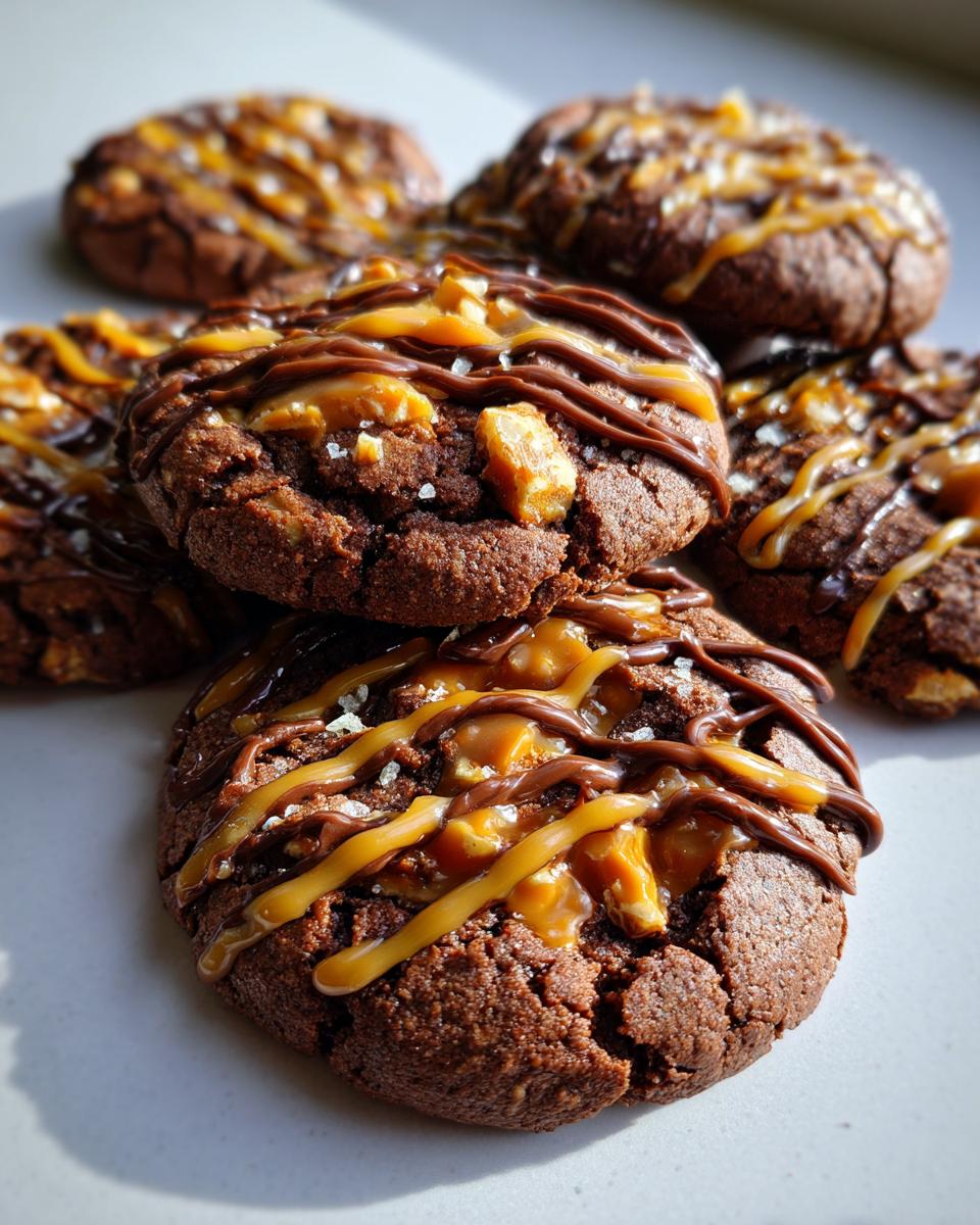 Close-up of Insanely Delicious Turtle Cookies, drizzled with chocolate and caramel, topped with chopped nuts and sea salt.