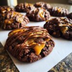 Close-up of Insanely Delicious Turtle Cookies, featuring rich chocolate cookies topped with gooey caramel and drizzled with chocolate.