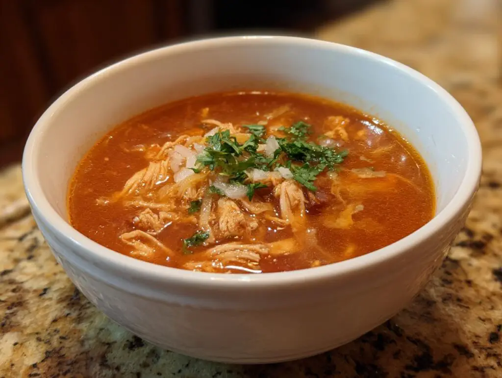 A bowl of delicious Instant Pot Chicken Enchilada Soup, garnished with fresh cilantro and onions.