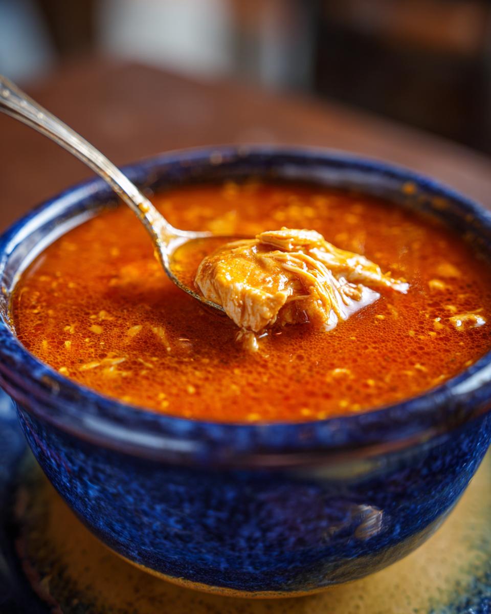Close-up of a spoonful of Instant Pot Chicken Enchilada Soup, showing chicken and broth.