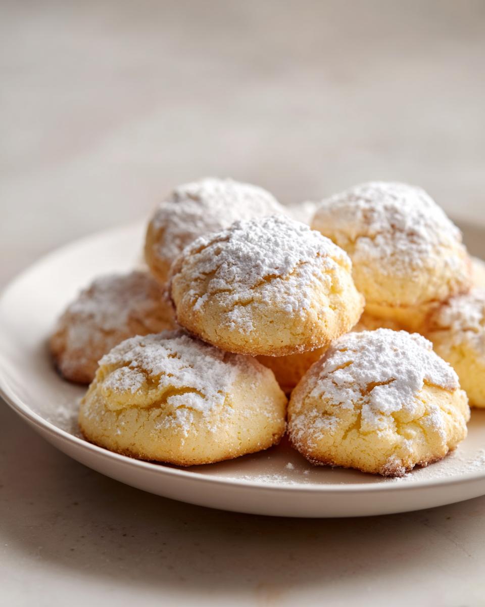 A pile of fluffy Italian Ricotta Cookies dusted with powdered sugar on a white plate.