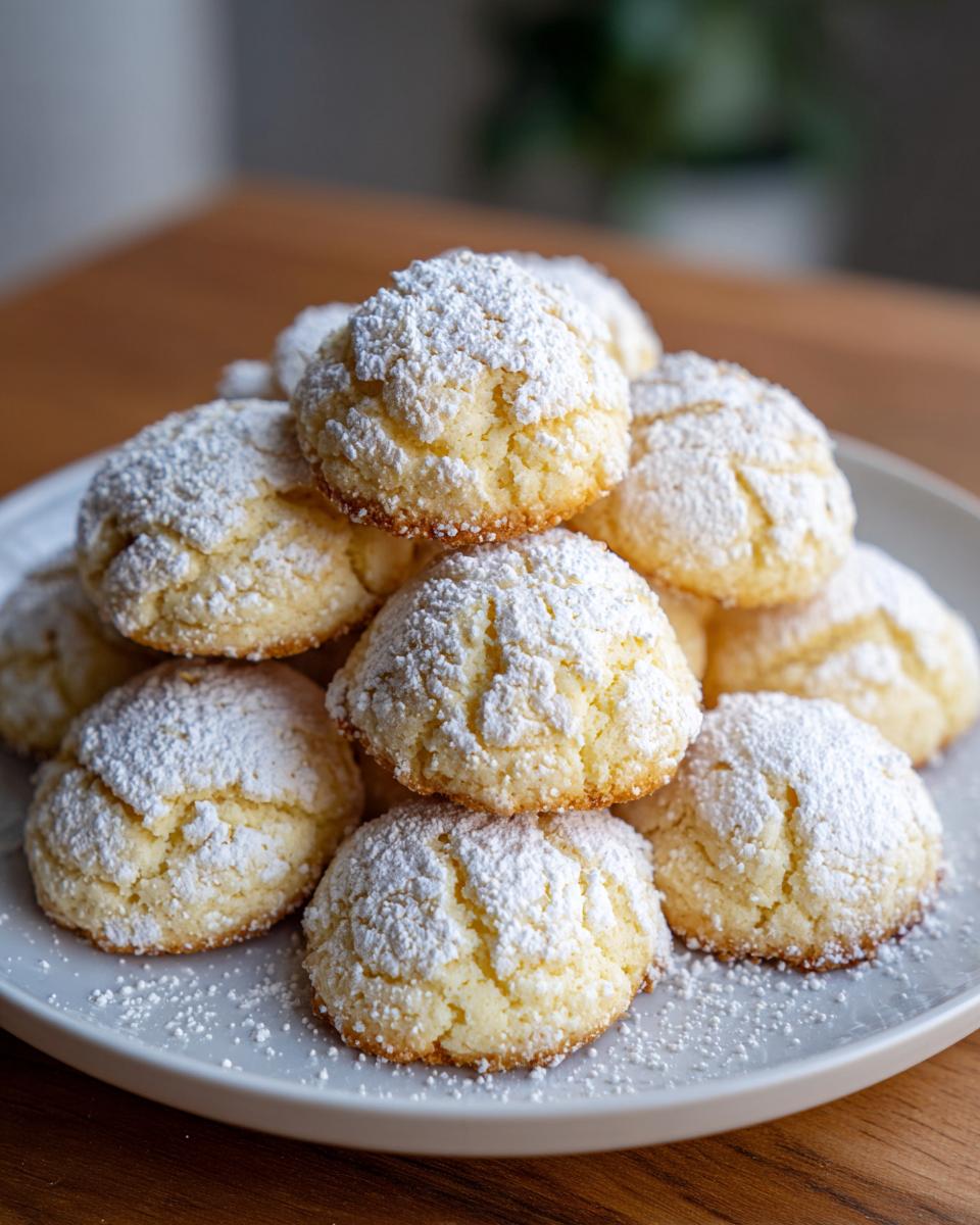A close-up of a pile of Italian Ricotta Cookies dusted generously with powdered sugar.