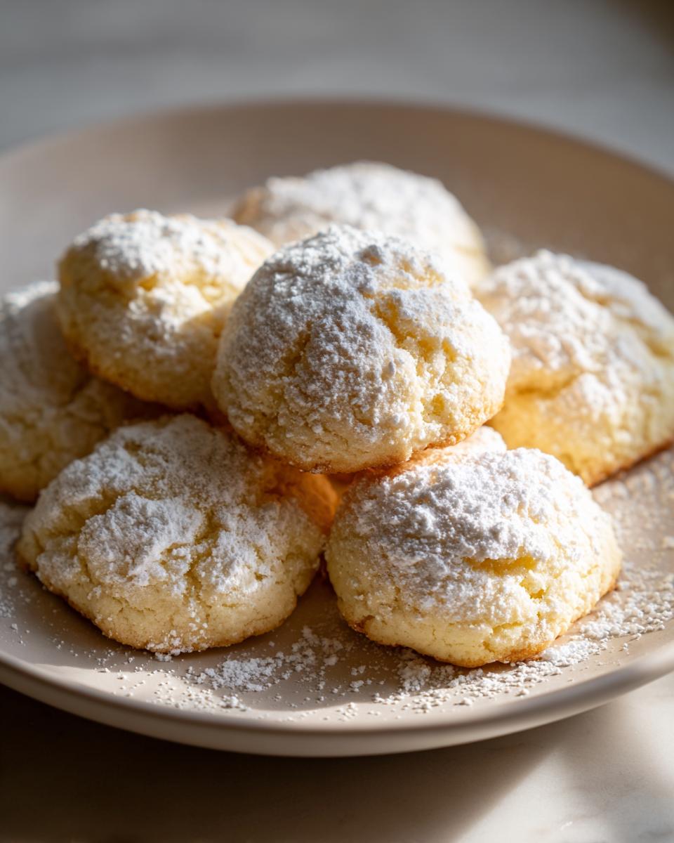 A pile of soft, powdered Italian Ricotta Cookies dusted with powdered sugar on a light-colored plate.