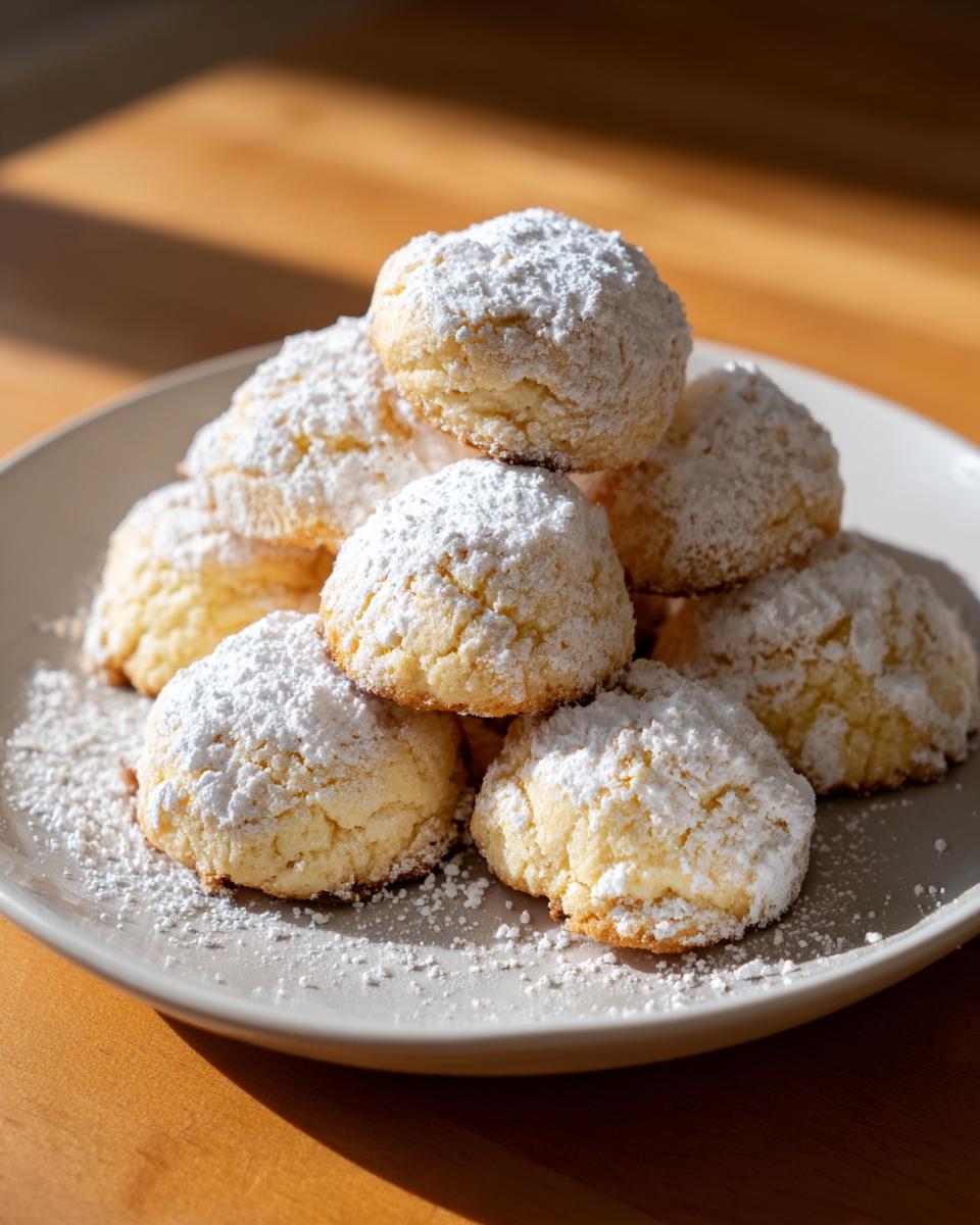 A stack of melt-in-your-mouth Italian Ricotta Cookies dusted generously with powdered sugar.