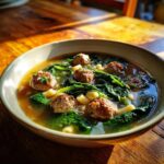 Close-up of a bowl of Italian Wedding Soup with meatballs, pasta, and spinach.