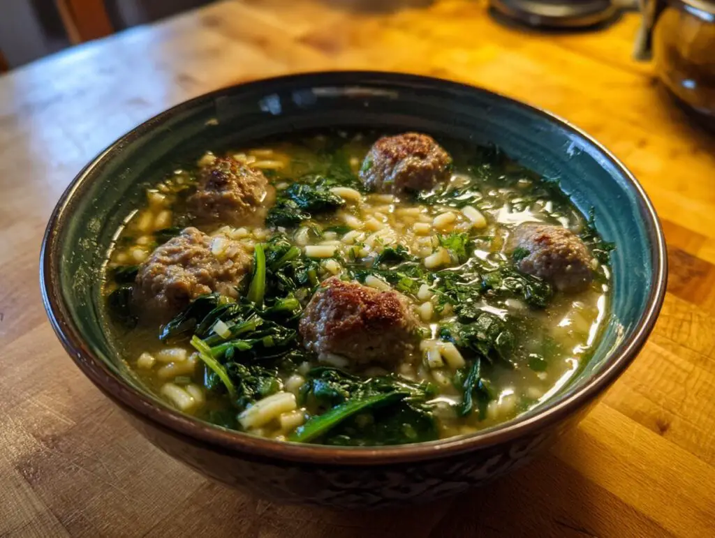 A bowl of delicious Italian Wedding Soup with meatballs, orzo, and spinach.