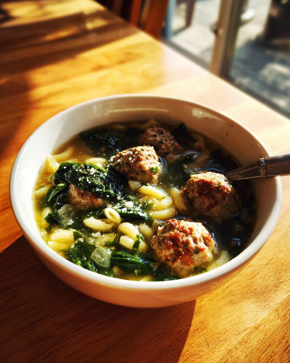 A bowl of Italian Wedding Soup with meatballs, pasta, and greens.