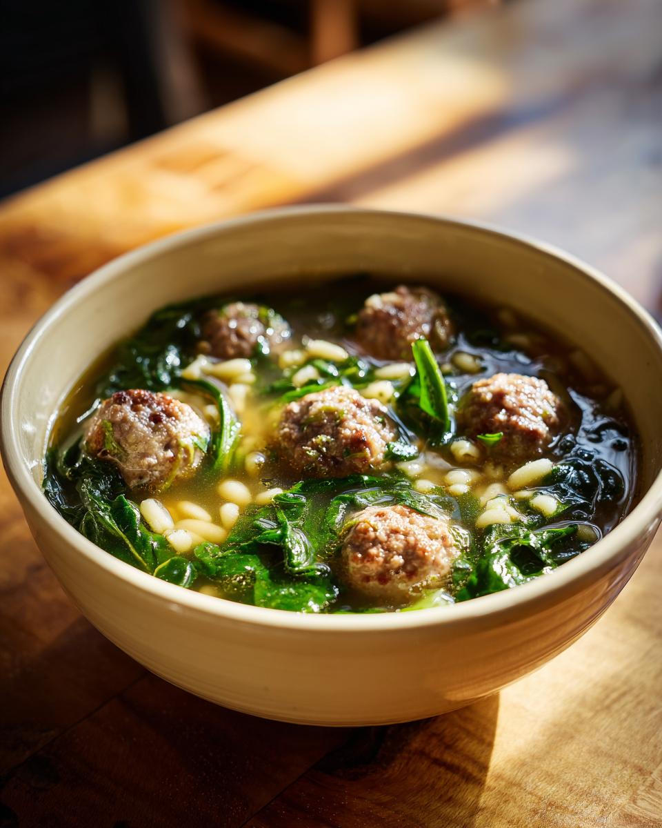 Close-up of a bowl of Italian Wedding Soup with meatballs, orzo, and spinach.