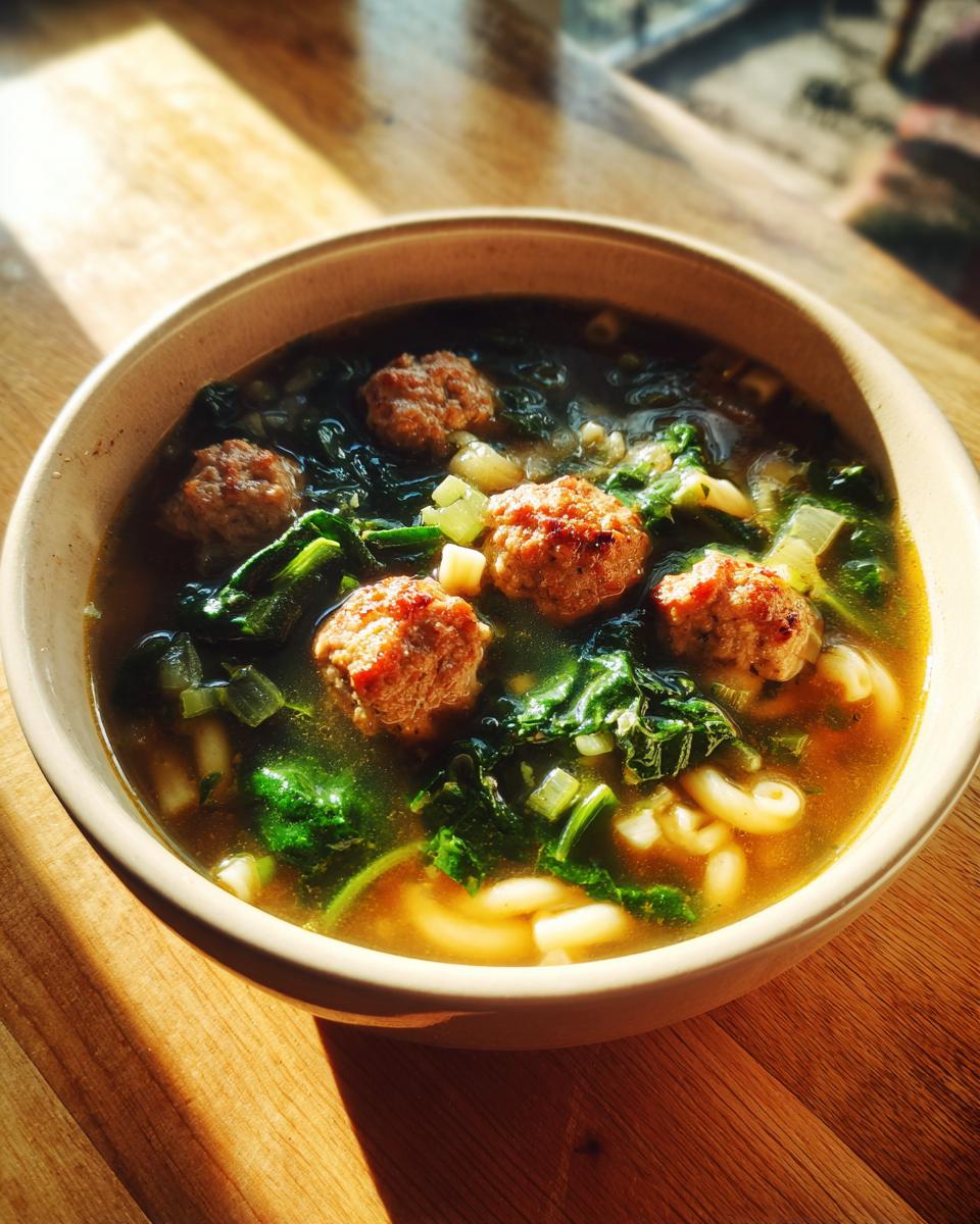 Close-up of a bowl of Italian Wedding Soup with meatballs, greens, and pasta.