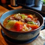 A delicious bowl of Keto Cabbage & Sausage Soup with sausage, cabbage, carrots, and celery.