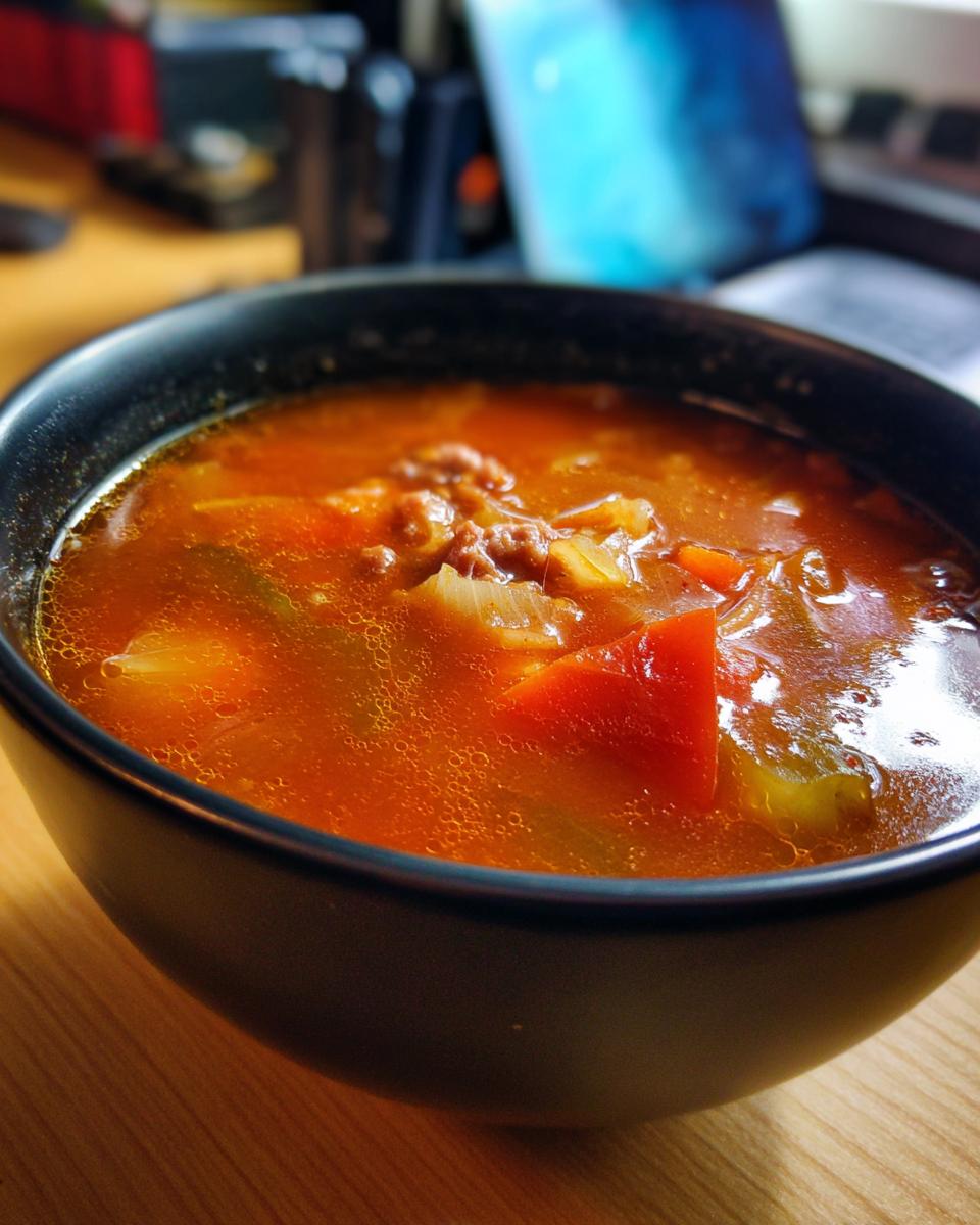 Close-up of a bowl of Keto Cabbage & Sausage Soup, with visible vegetables and broth.
