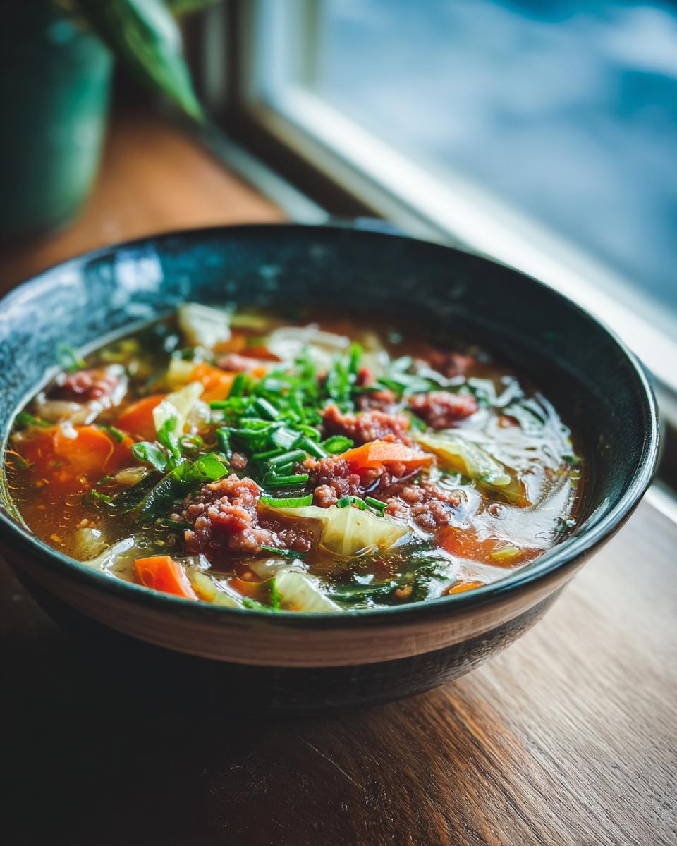 Close-up of a bowl of Keto Cabbage & Sausage Soup with fresh herbs and vegetables.