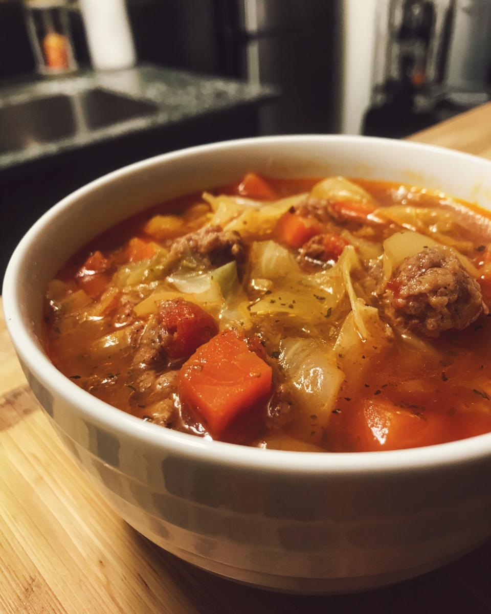 Close-up of a bowl of Keto Cabbage & Sausage Soup with vegetables and sausage.
