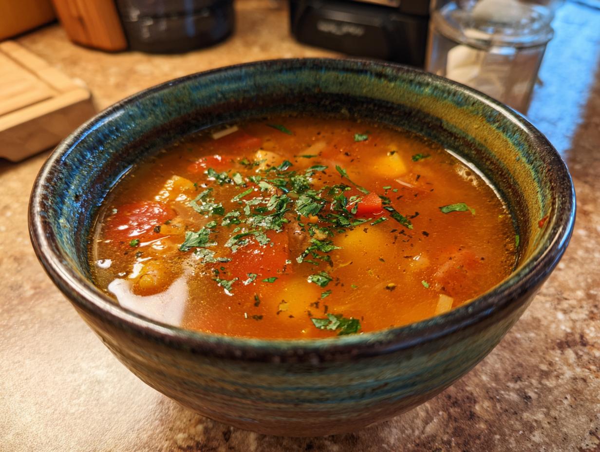A bowl of Keto Cabbage & Sausage Soup, a low-carb and delicious soup.
