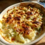 Close-up of a golden brown baked Leek Gratin in a ceramic dish, ready to serve.