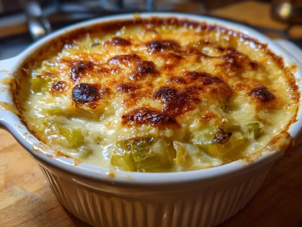 Close-up of a freshly baked Leek Gratin with a golden, bubbly cheese topping.