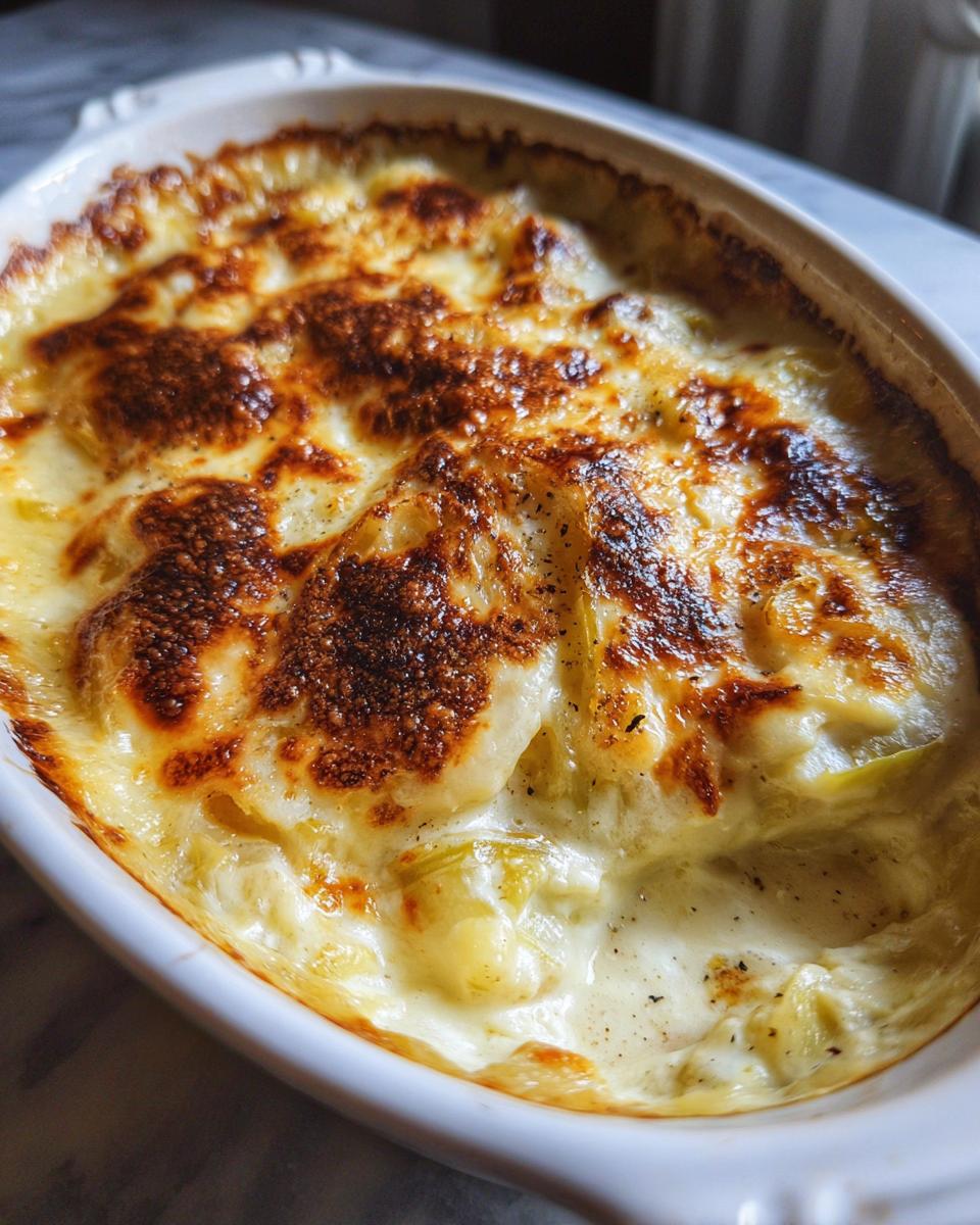 Leek Gratin: 3 Steps to a Delicious Side Dish! 7 Close-up of a freshly baked Leek Gratin in a white baking dish, with golden-brown cheese topping.