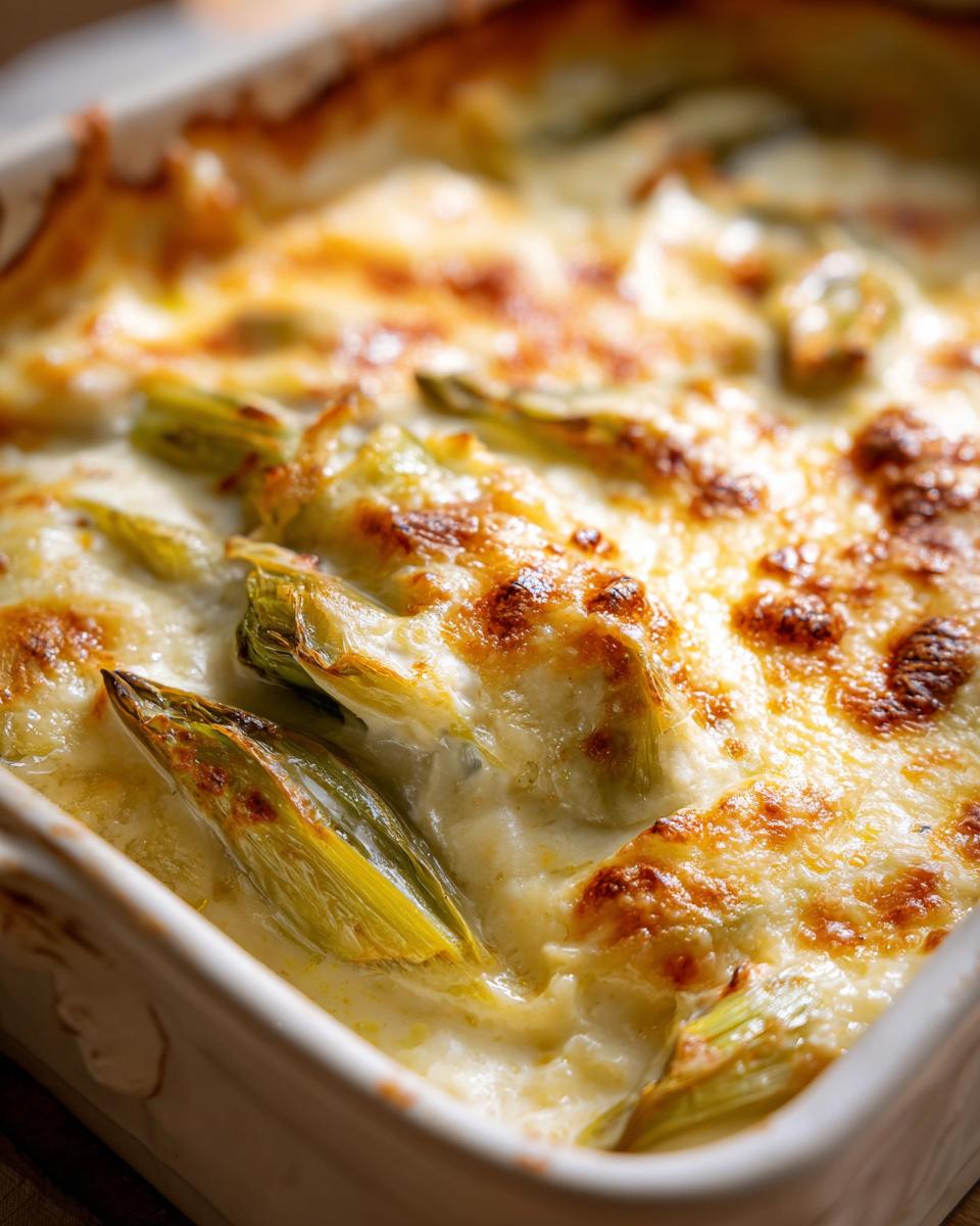 Leek Gratin: 3 Steps to a Delicious Side Dish! 8 Close-up of a freshly baked Leek Gratin with melted cheese and tender leeks.