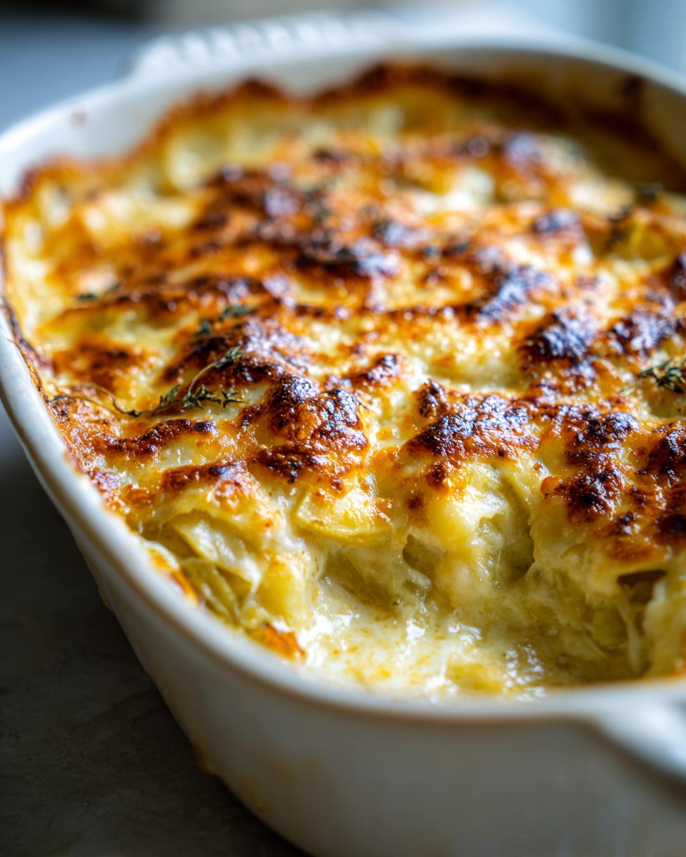 Leek Gratin: 3 Steps to a Delicious Side Dish! 9 Close-up of a golden-brown Leek Gratin baked in a white ceramic dish, ready to serve.