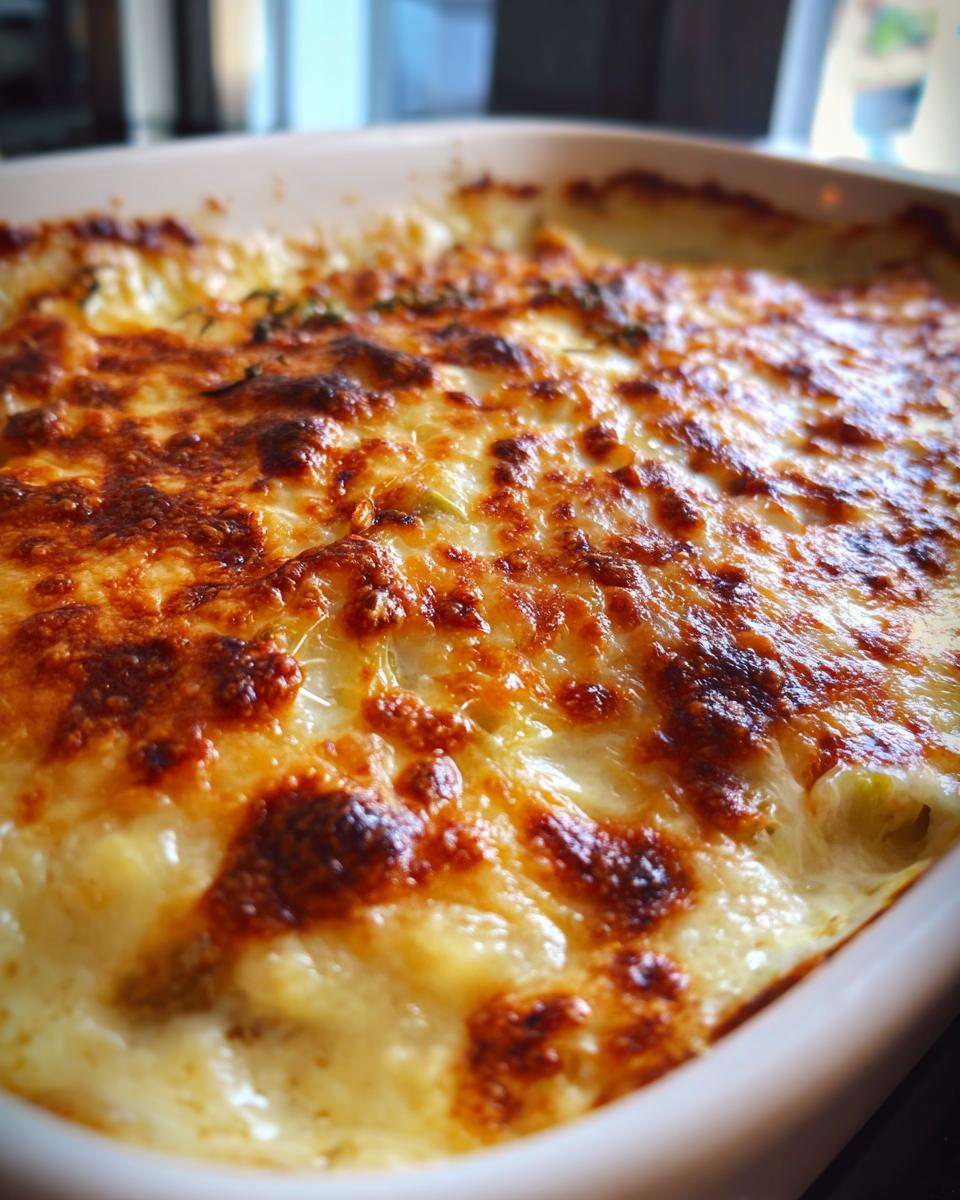 Leek Gratin: 3 Steps to a Delicious Side Dish! 10 Close-up of a baked Leek Gratin with melted cheese, bubbly and golden brown.