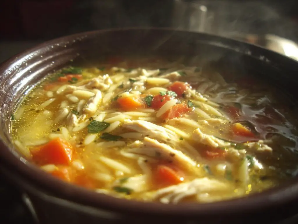 Close-up of a bowl of Lemon Chicken Orzo Soup with chicken, carrots, and orzo pasta.