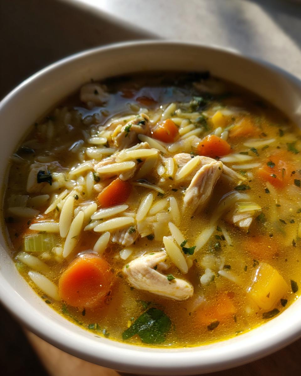 Close-up of a bowl of Lemon Chicken Orzo Soup with carrots, chicken, and orzo pasta.