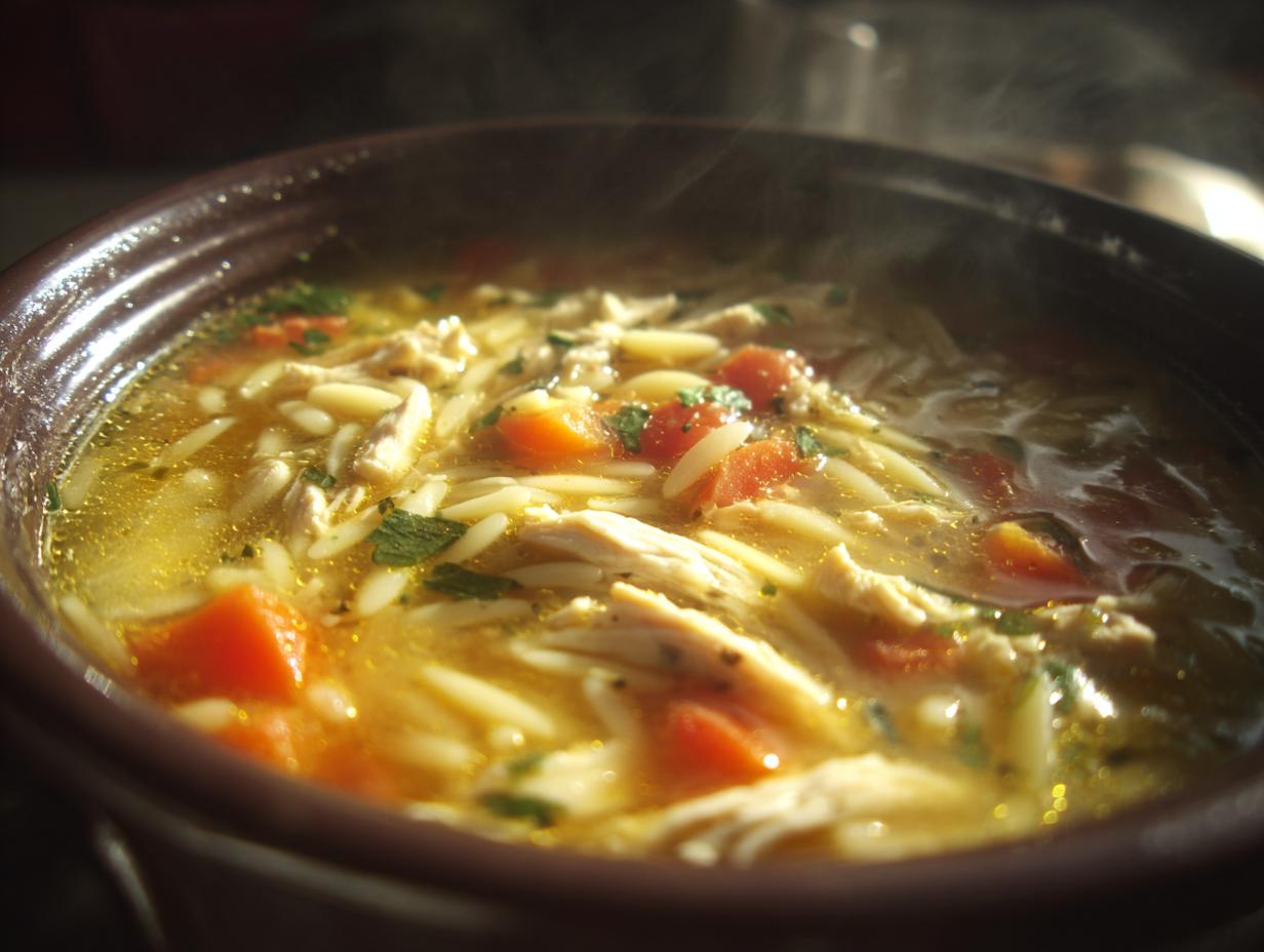Close-up of a bowl of Lemon Chicken Orzo Soup with chicken, carrots, and orzo pasta.