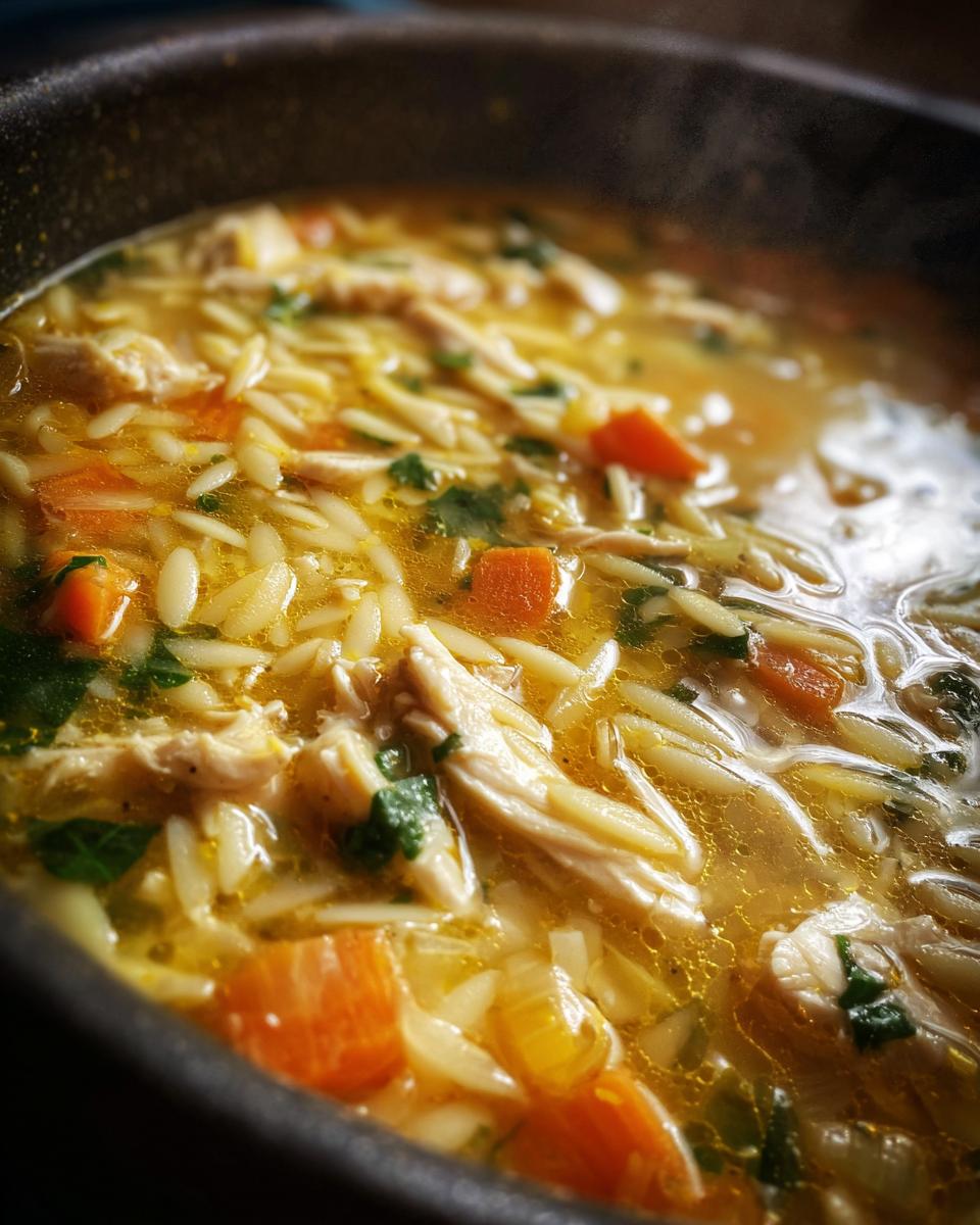 Close-up view of a pot of Lemon Chicken Orzo Soup with chicken, orzo, carrots, and herbs.