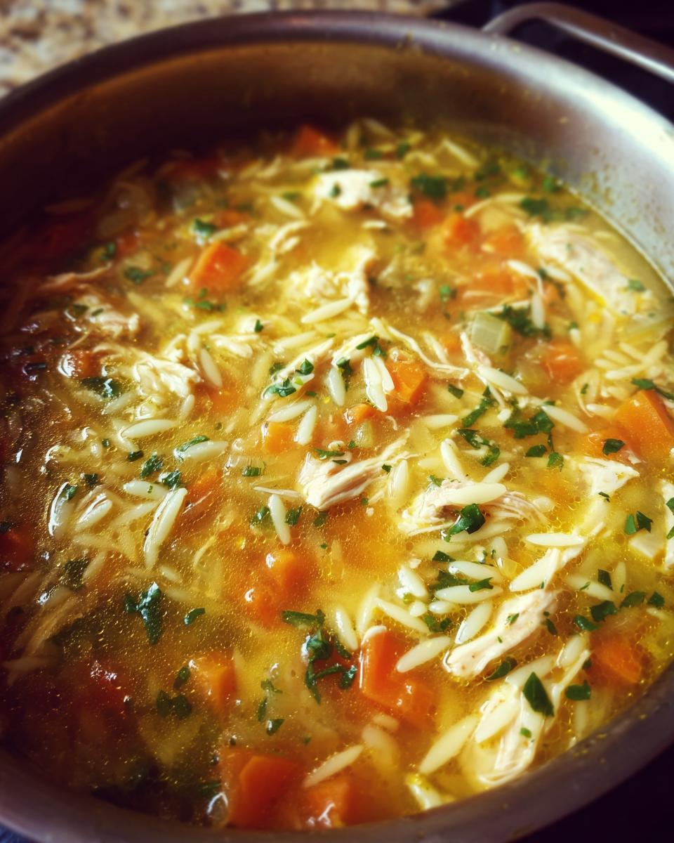 Close-up of Lemon Chicken Orzo Soup in a pot, showing chicken, carrots, orzo, and herbs.