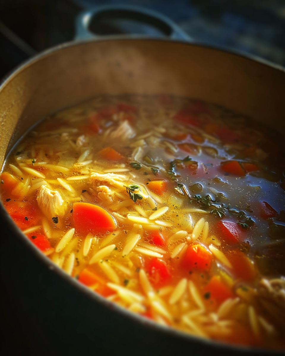 Close-up of a pot of Lemon Chicken Orzo Soup with carrots, chicken, and orzo pasta.