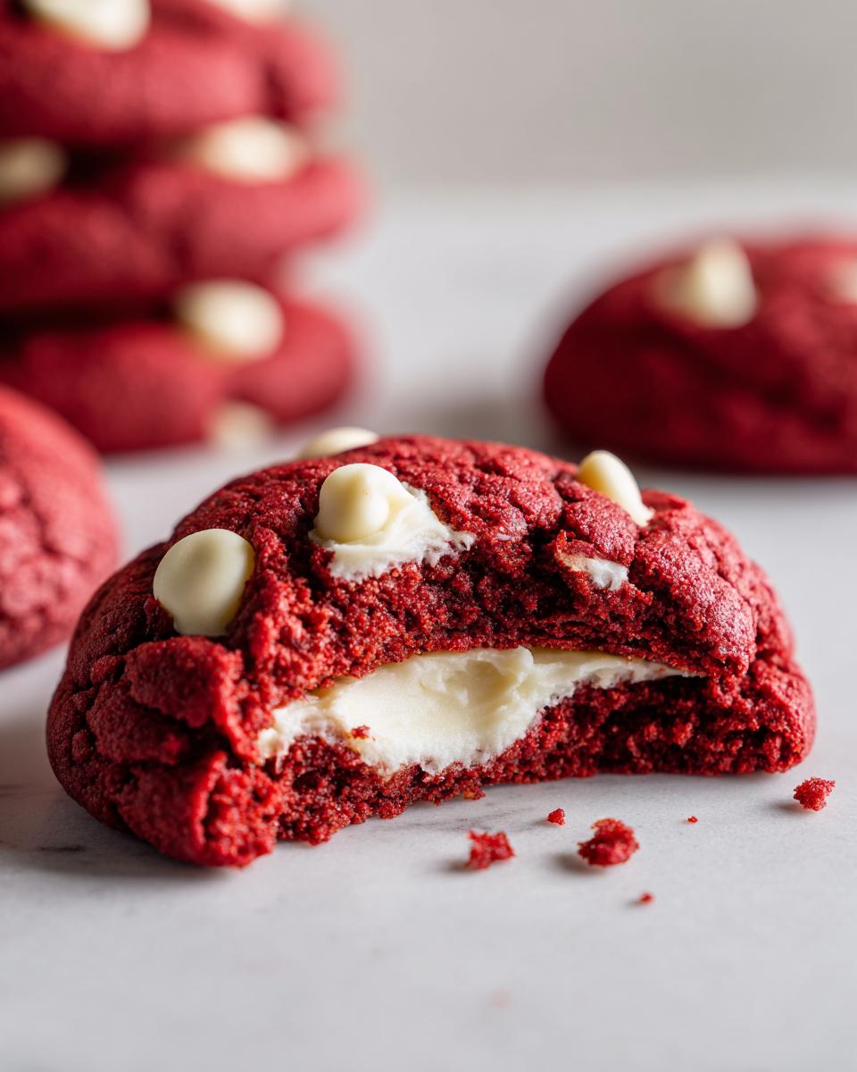 Close-up of a Levain Bakery-style red velvet cookie, broken in half to reveal a thick cream cheese filling and white chocolate chips.