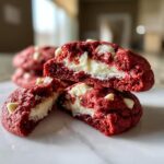 Close-up of a Levain Bakery-Style Red Velvet Cookie cut in half, revealing a thick white cream cheese filling and white chocolate chips.