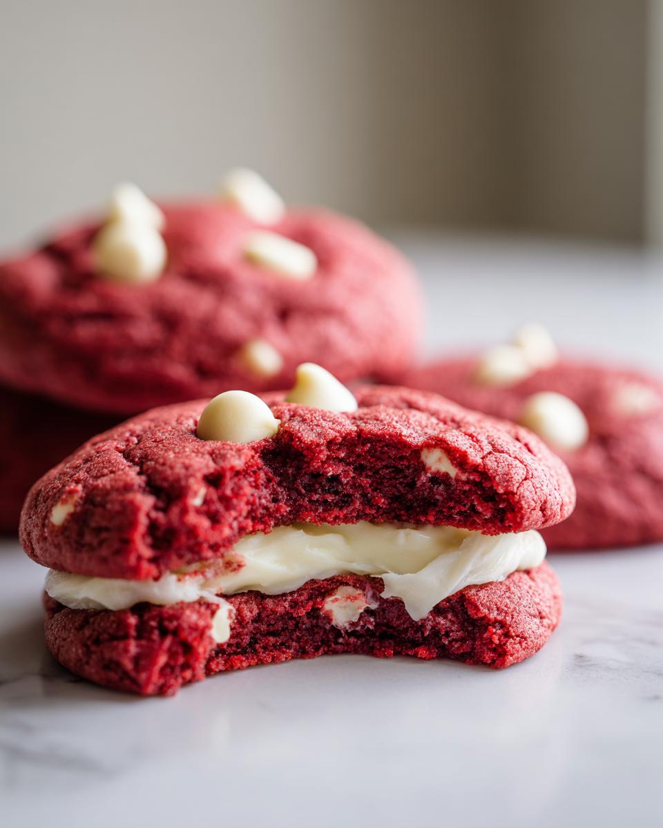 A close-up of a Levain Bakery-style red velvet cookie sandwich, split open to reveal a thick cream cheese filling and white chocolate chips.