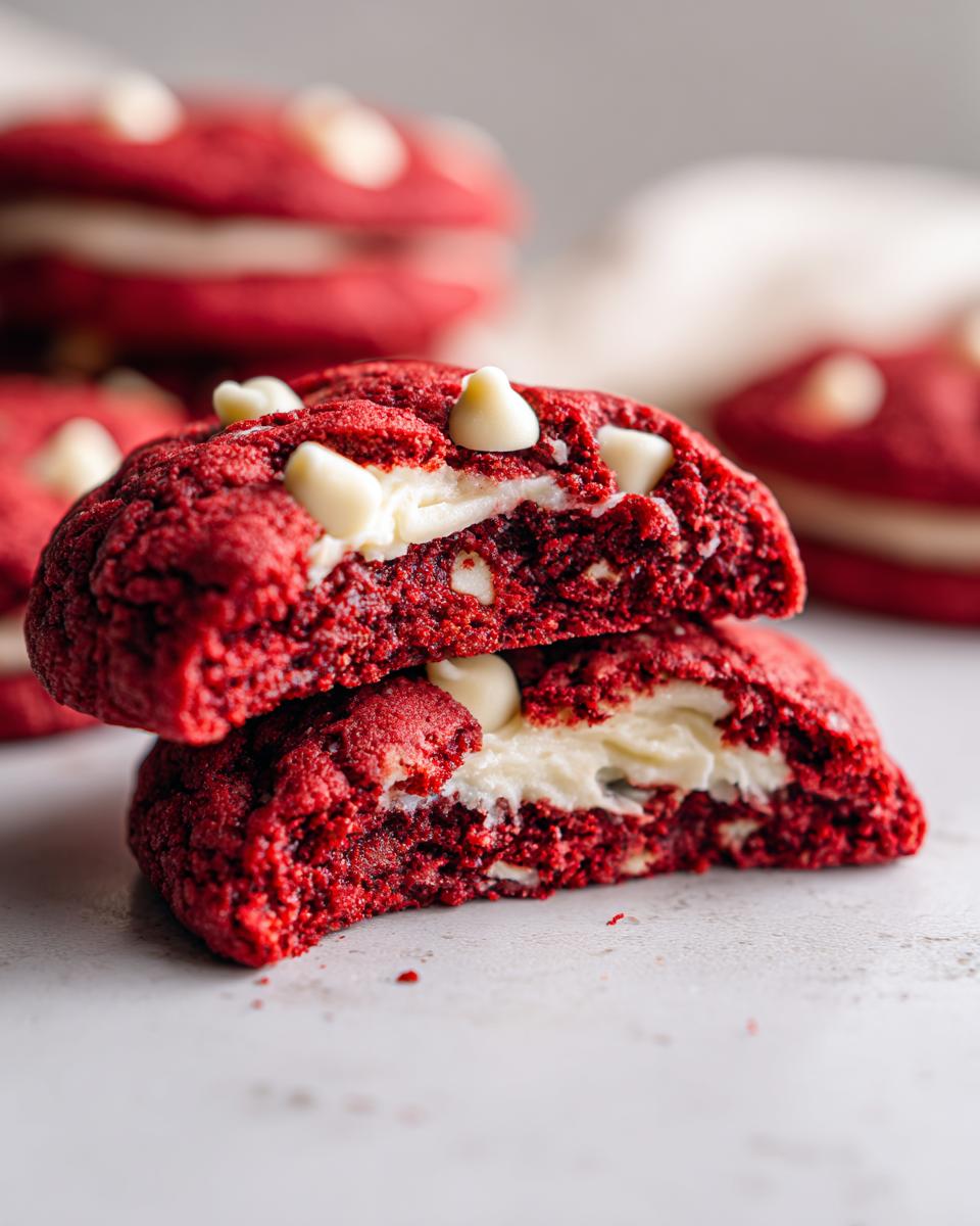 Close-up of two Levain Bakery-Style Red Velvet Cookies, one split open to reveal a creamy white chocolate filling.