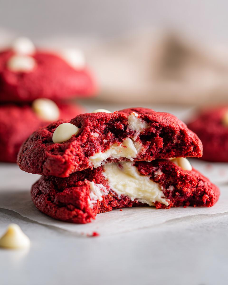 Close-up of two Levain Bakery-Style Red Velvet Cookies stacked, revealing a gooey white chocolate center.