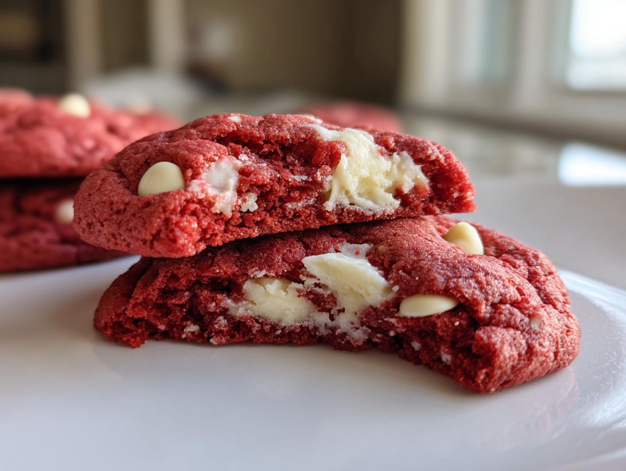 Close-up of a stack of Levain Bakery-Style Red Velvet Cookies, one broken in half to reveal white chocolate chips.