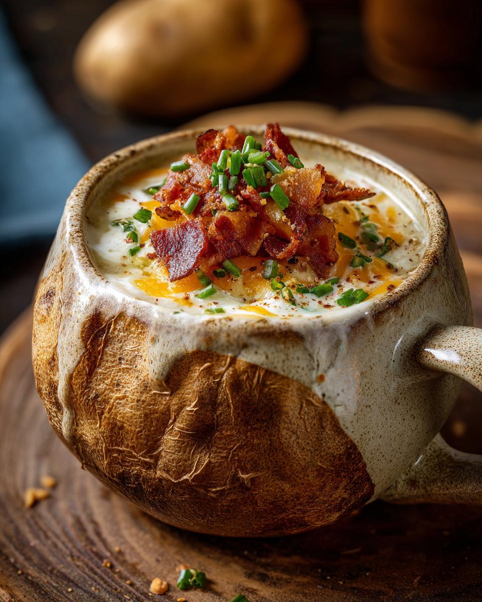 Make This Loaded Baked Potato Soup in 3 Easy Steps! 10 Close-up of a bowl of creamy Loaded Baked Potato Soup, topped with bacon and chives.