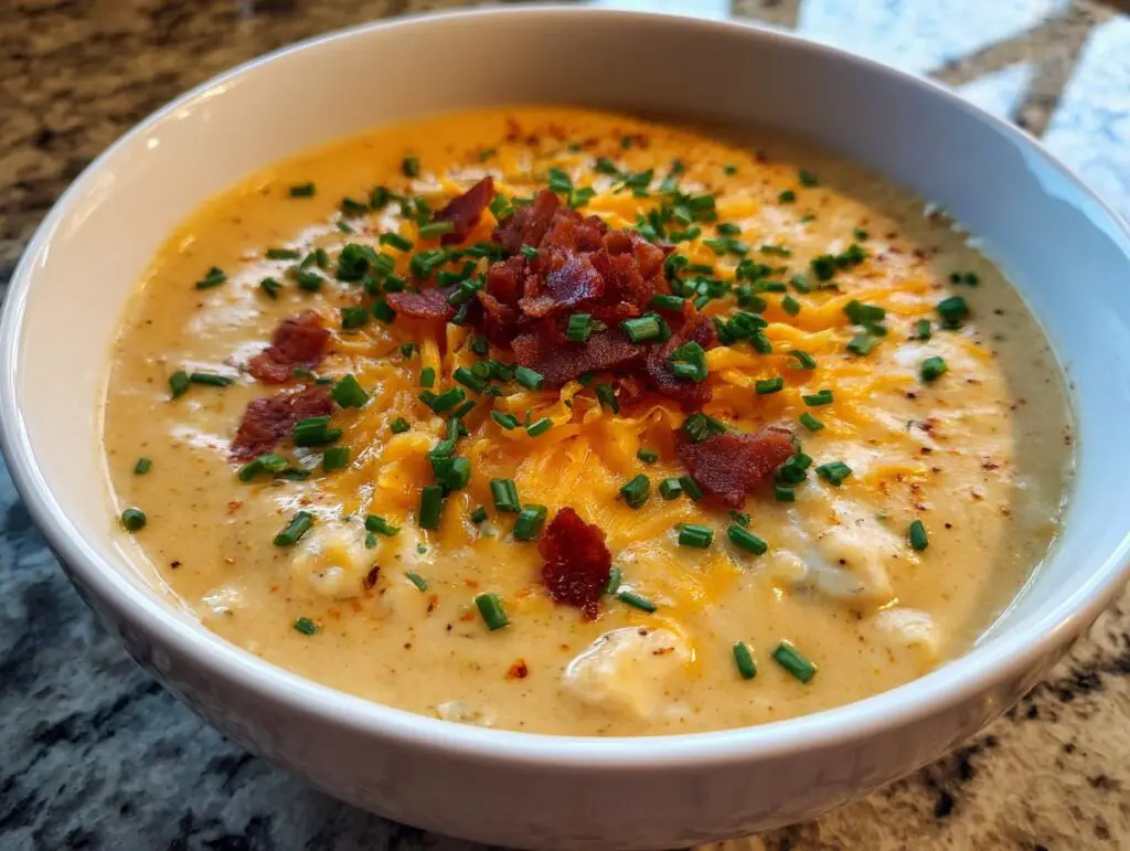 Close-up of a bowl of Loaded Baked Potato Soup, topped with cheese, bacon, and chives.