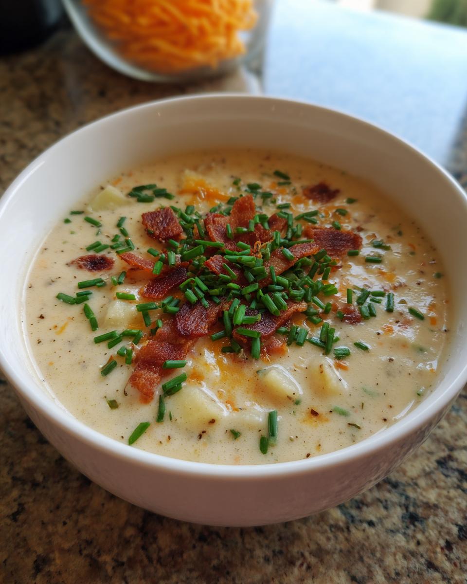 Close-up of a bowl of Loaded Baked Potato Soup topped with bacon and chives.