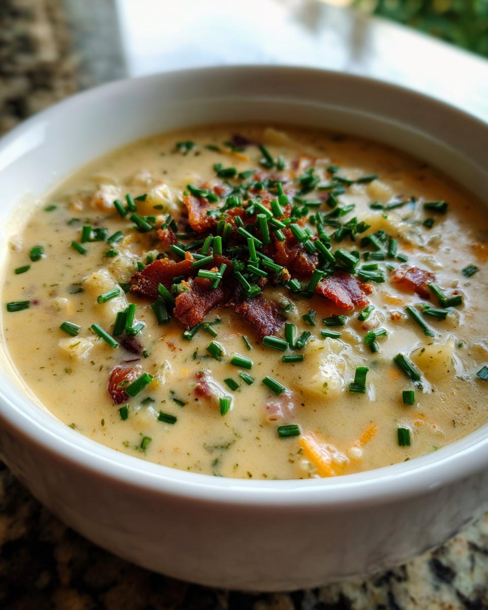 Close-up of a bowl of Loaded Baked Potato Soup, garnished with chives and bacon.