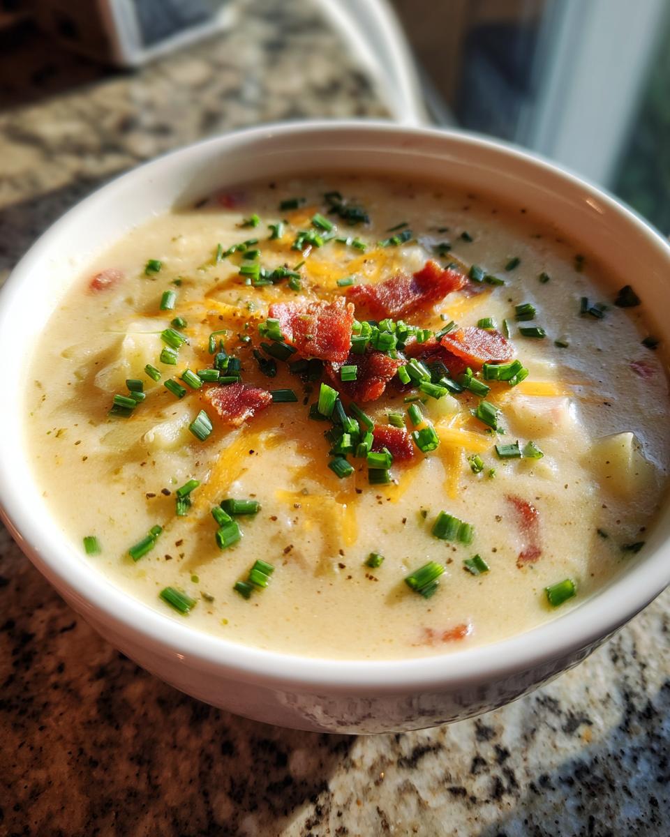 Close-up of a bowl of Loaded Baked Potato Soup topped with bacon, cheese, and chives.