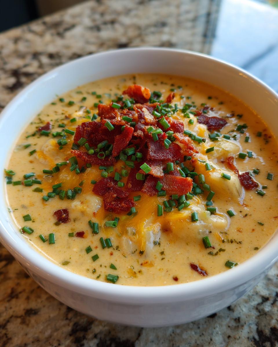 Close-up of a bowl of Loaded Baked Potato Soup, topped with bacon and chives.