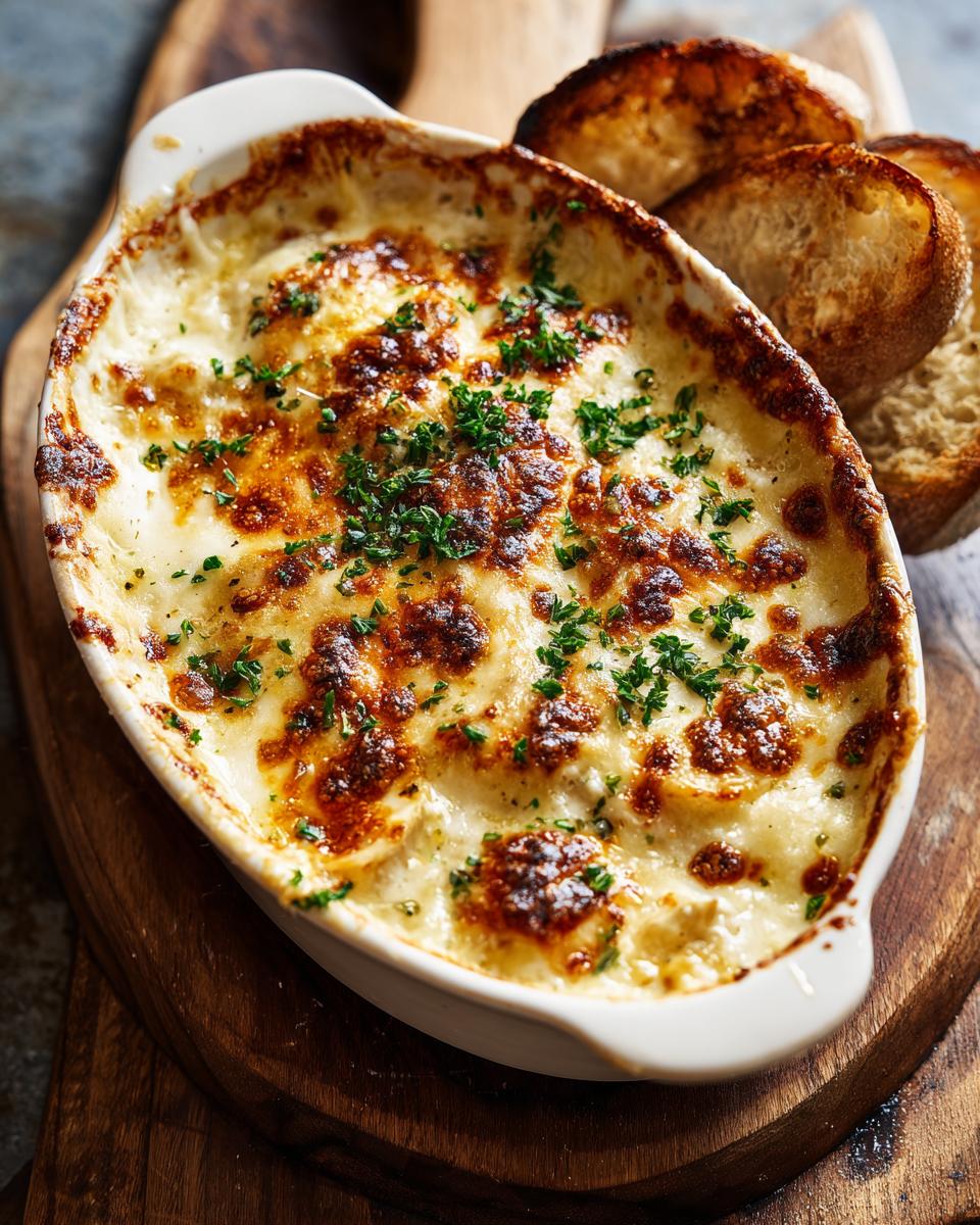 Make This Loaded Baked Potato Soup in 3 Easy Steps! 7 Baked Loaded Potato Soup in a white dish, garnished with fresh herbs, served with toasted bread.