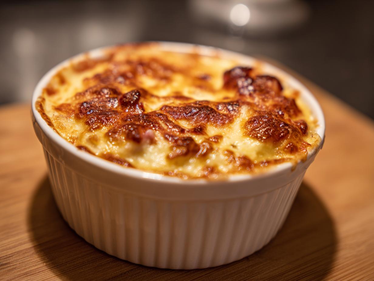 Close-up of a ramekin filled with creamy Loaded Baked Potato Soup, topped with melted cheese.